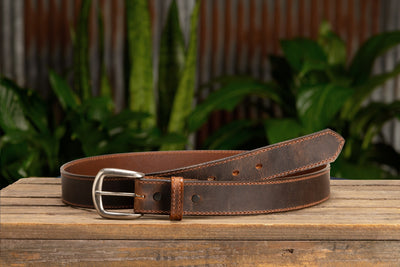 The Crazy Horse: Men's Oil Tanned Stitched Leather Belt 1.375" (Brown Colored Thread)