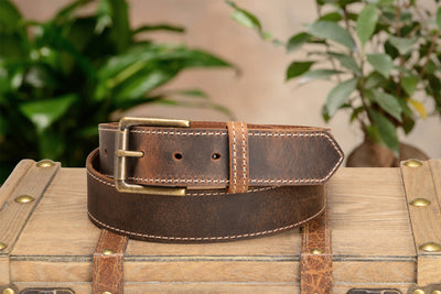 The Crazy Horse: Men's Rustic Brown Stitched Leather Belt 1.50" With Scalloped Ends