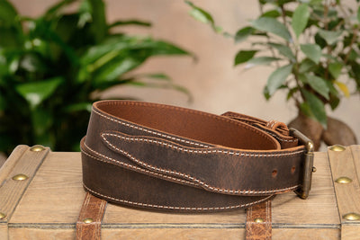 The Crazy Horse: Men's Rustic Brown Stitched Leather Belt 1.50" With Scalloped Ends