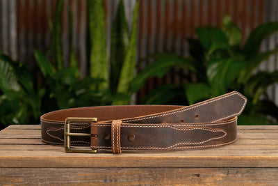 The Crazy Horse: Men's Rustic Brown Stitched Leather Belt 1.50" With Scalloped Ends