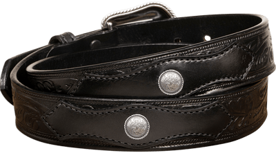 The Western Oak: Men's Black Oak Leaf Embossed Western Leather Belt 1.50" With Conchos