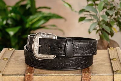 The Western Oak: Men's Black Oak Leaf Embossed Western Leather Belt 1.50" With Conchos