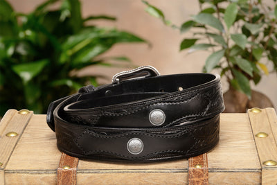 The Western Oak: Men's Black Oak Leaf Embossed Western Leather Belt 1.50" With Conchos