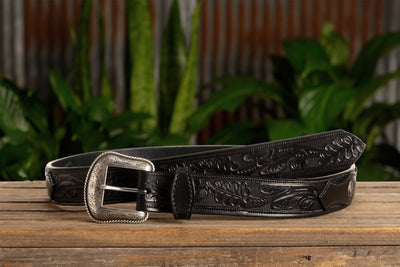 The Western Oak: Men's Black Oak Leaf Embossed Western Leather Belt 1.50" With Conchos