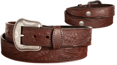 The Western Oak: Men's Brown Oak Leaf Embossed Western Leather Belt 1.50" With Conchos