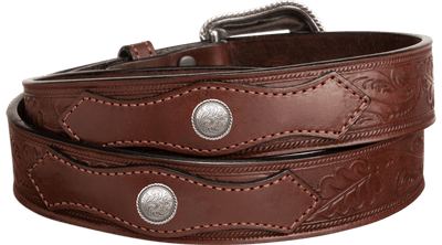 The Western Oak: Men's Brown Oak Leaf Embossed Western Leather Belt 1.50" With Conchos