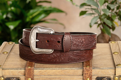 The Western Oak: Men's Brown Oak Leaf Embossed Western Leather Belt 1.50" With Conchos