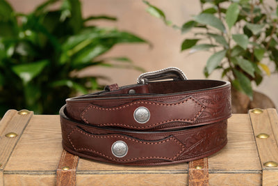 The Western Oak: Men's Brown Oak Leaf Embossed Western Leather Belt 1.50" With Conchos