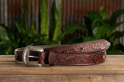 The Western Oak: Men's Brown Oak Leaf Embossed Western Leather Belt 1.50" With Conchos