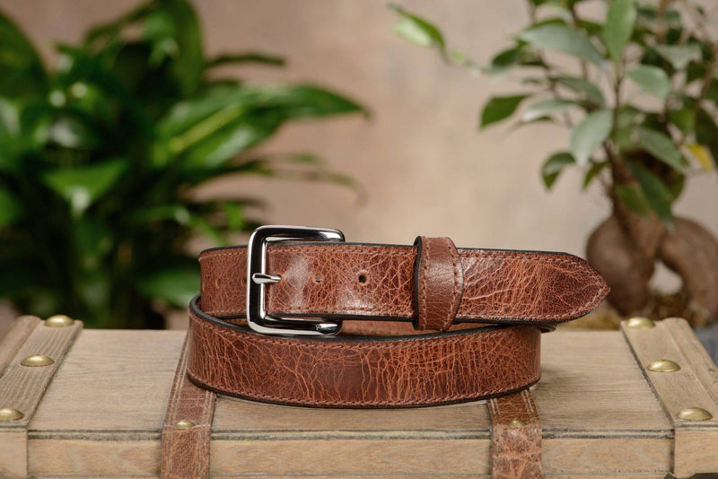 The Lakota: Rustic Brown Stitched Water Buffalo With Snaps 1.25" - Bullhide Belts