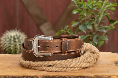 The Crazy Horse: Men's Rustic Brown Stitched Western Leather Belt 1.50" With Conchos