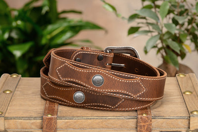 The Crazy Horse: Men's Oil Tanned Stitched Western Leather Belt 1.50" With Conchos