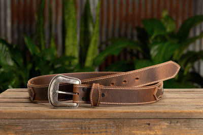 The Crazy Horse: Men's Oil Tanned Stitched Western Leather Belt 1.50" With Conchos