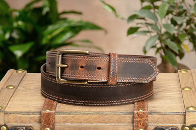 The Crazy Horse: Men's Oil Tanned Double Stitched Leather Belt 1.50" (White Colored Thread)