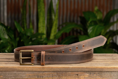 The Crazy Horse: Men's Oil Tanned Double Stitched Leather Belt 1.50" (White Colored Thread)