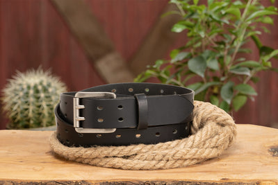 The Holey Buffalo: Black Non Stitched Double Prong Water Buffalo Leather Belt With Nickel Roller 1.50" (Soft & Flexible)