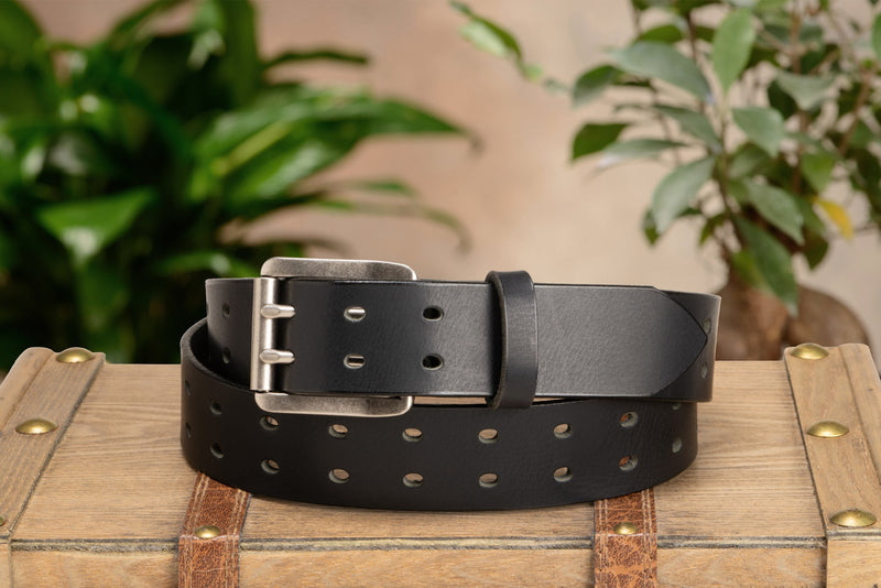 The Holey Buffalo: Black Non Stitched Double Prong Water Buffalo Leather Belt With Nickel Roller 1.50" (Soft & Flexible)