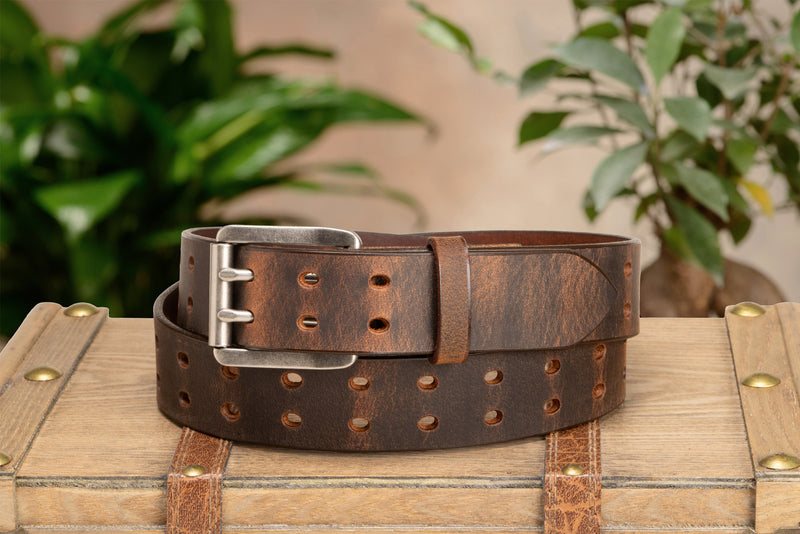 The Holey Buffalo: Crazy Horse Non Stitched Double Prong Water Buffalo Leather Belt With Nickel Roller 1.50" (Soft & Flexible)