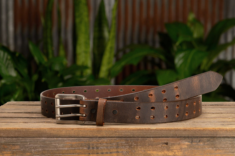 The Holey Buffalo: Crazy Horse Non Stitched Double Prong Water Buffalo Leather Belt With Nickel Roller 1.50" (Soft & Flexible)