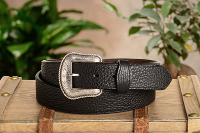 The Forester: Black Stitched Western American Bison Belt - Scalloped Ends 1.50"