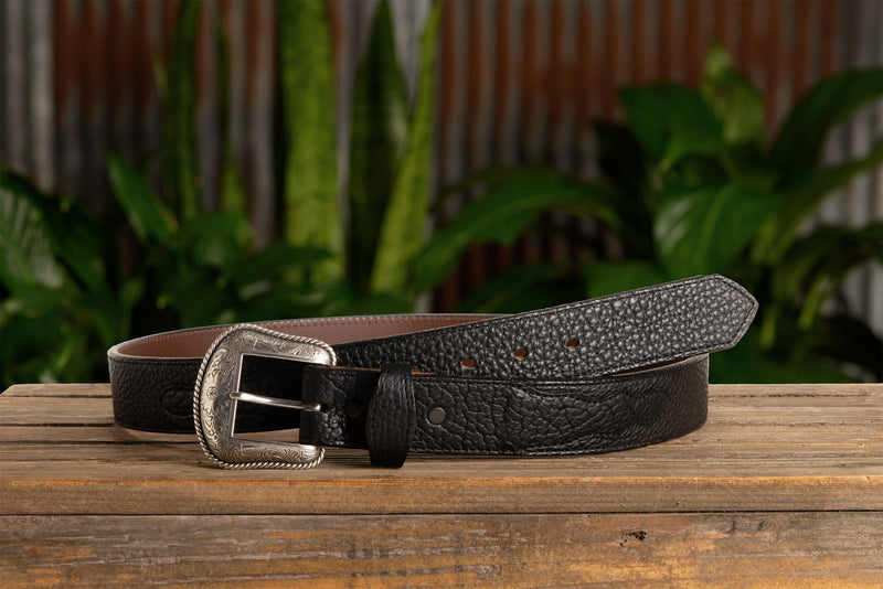 The Forester: Black Stitched Western American Bison Belt - Scalloped Ends 1.50"