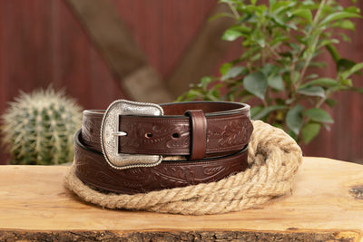 The Western Oak: Men's Brown Oak Leaf Embossed Western Leather Belt 1.50"