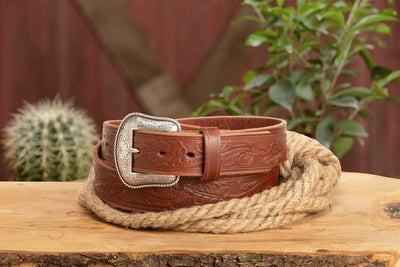 The Western Oak: Men's Hot Dipped Tan Oak Leaf Embossed Western Leather Belt 1.50"