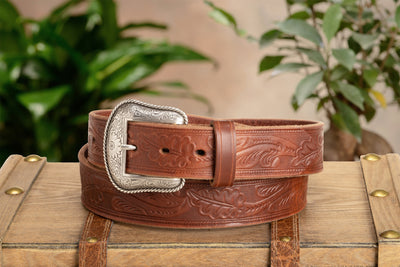 The Western Oak: Men's Hot Dipped Tan Oak Leaf Embossed Western Leather Belt 1.50"