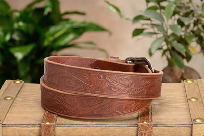 The Western Oak: Men's Hot Dipped Tan Oak Leaf Embossed Western Leather Belt 1.50"