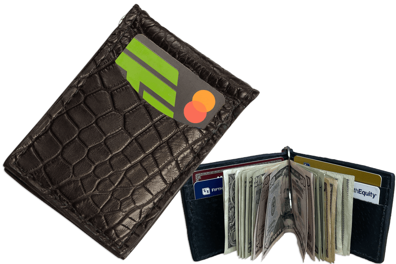 Slim Black Alligator Front Pocket Money Clip Card Holder Pouch