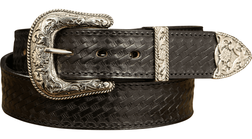 The Wayne: Men's Black Stitched Basket Weave Western Leather Belt 1.50