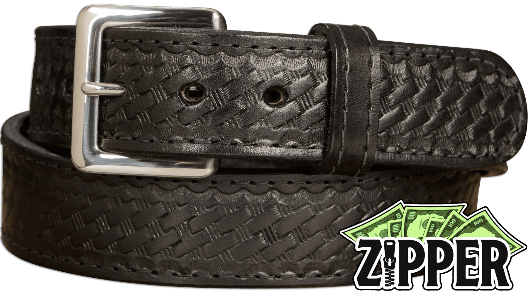 Black Basket Weave English Bridle Leather Money Belt With 25 Zipper –